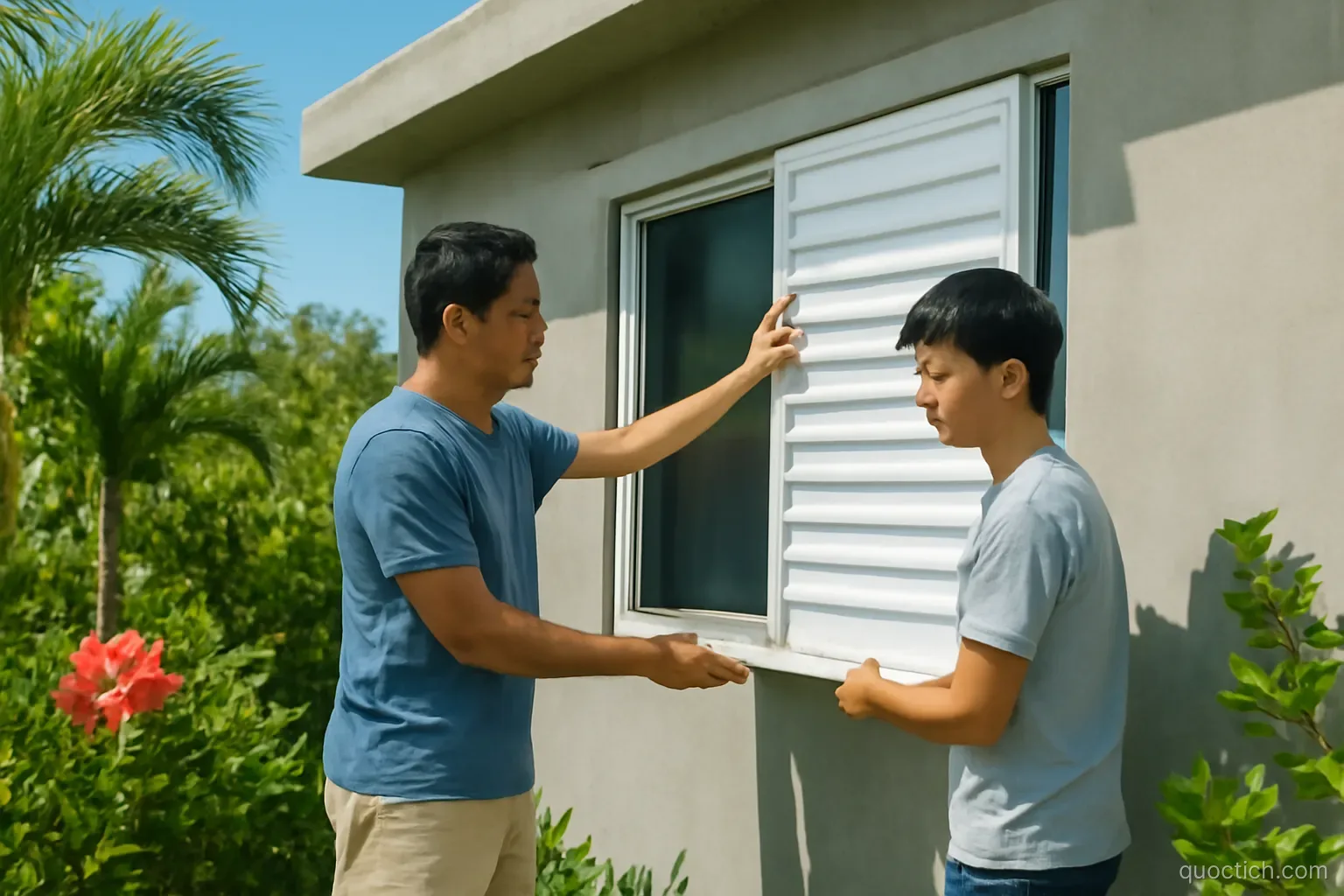Vietnamese father and teenage son fitting white storm shutters onto the windows of a modern concrete house with a garden of palms and hibiscus in Grenada, medium shot, bright sunny day